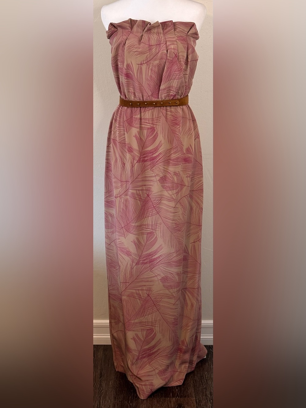 Rory Beca Beige and Magenta Leaf Print Strapless Silk Dress with Belt Size 6